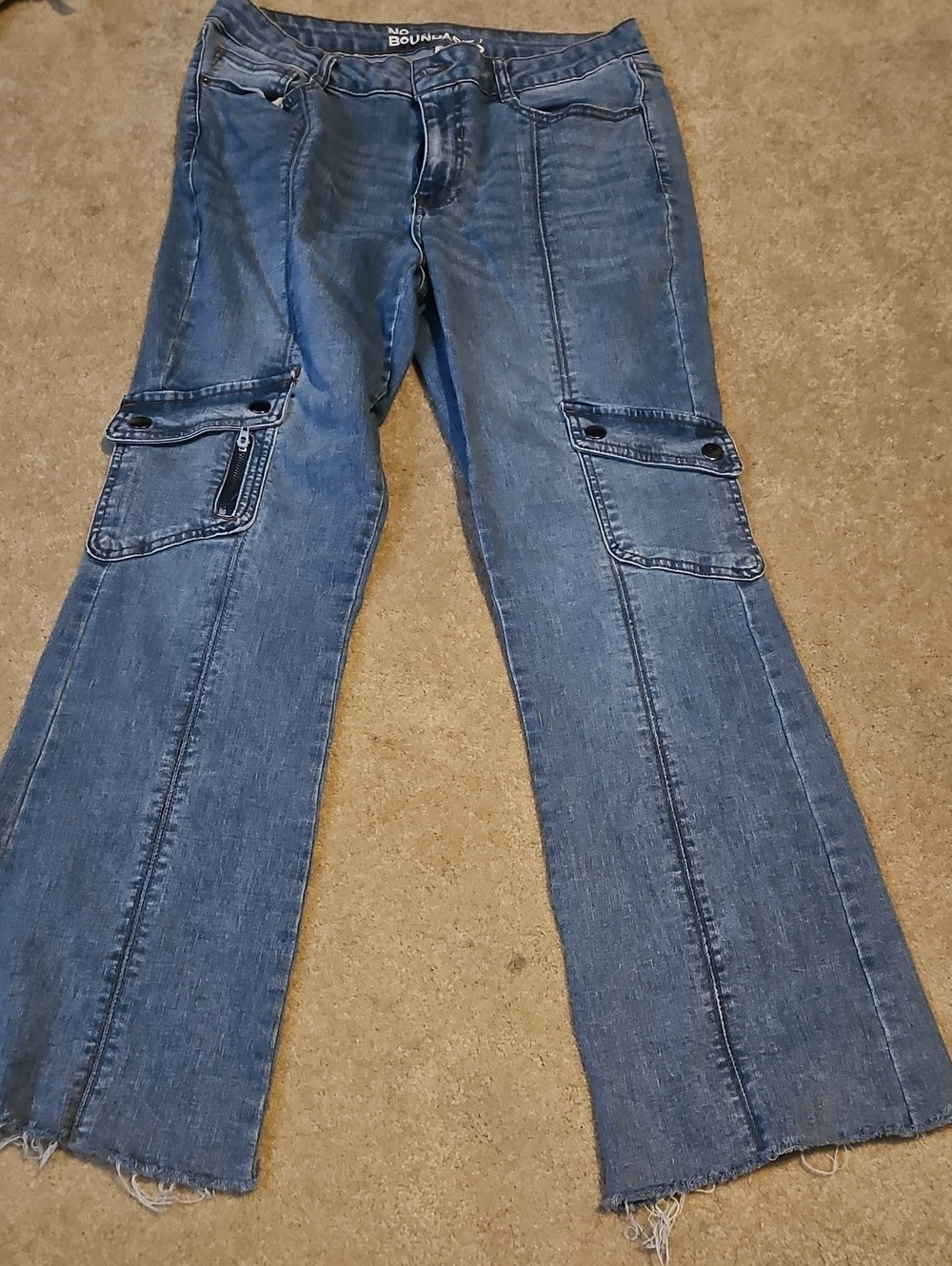 No Boundaries Blue Cargo Flare Jeans with Utility Pockets